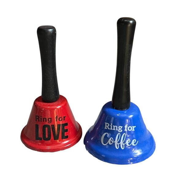 Set Of 2 Handheld Bells "Ring For Love" & "Ring For Coffee" Red & Blue Metal Wit - Picture 1 of 6
